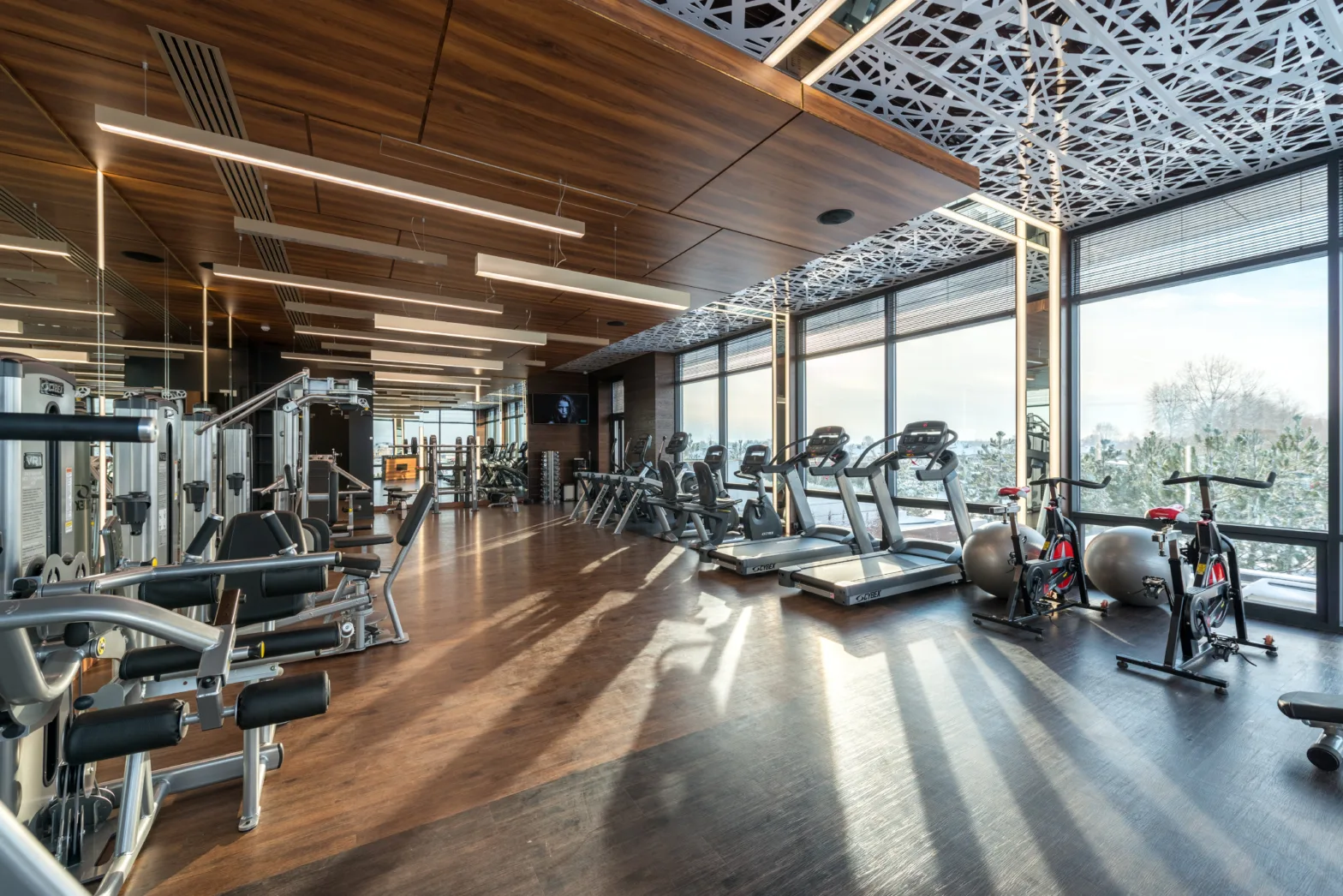 Interior of modern fitness club with various machines and equipment.
